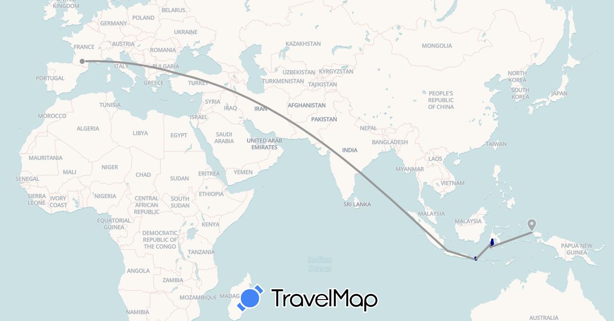 TravelMap itinerary: driving, plane in France, Indonesia, Turkey (Asia, Europe)